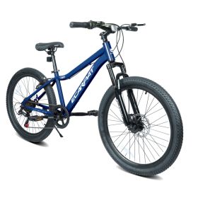 24 Inch Youth Mountain Bike With 7 Speeds & Front Suspension Durable Steel Frame, Alloy Rims & Disc Brakes For Boys And Girls In Multiple Colors (Option: Blue)