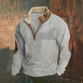 Retro Patchwork Half Cardigan Men's Long-sleeved Sweater (Option: Gray-S)